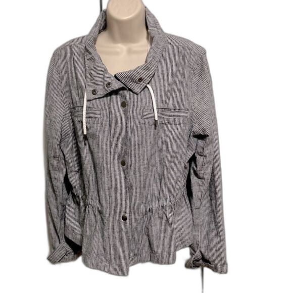 Ann Taylor LOFT Linen Pinstripe Zip Up Drawstring Pockets Jacket Womens Medium - Picture 1 of 13